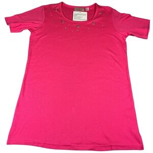 Quacker Factory Pink Rhinestone Stud Embellished Top XXS Short Sleeve NWT